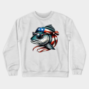 Salmon American USA Flag Sunglasses 4th of July Fish Fishing Crewneck Sweatshirt